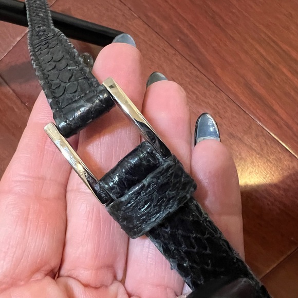 Yves Saint Laurent Black Textured Slim Leather Belt with Silver Buckle